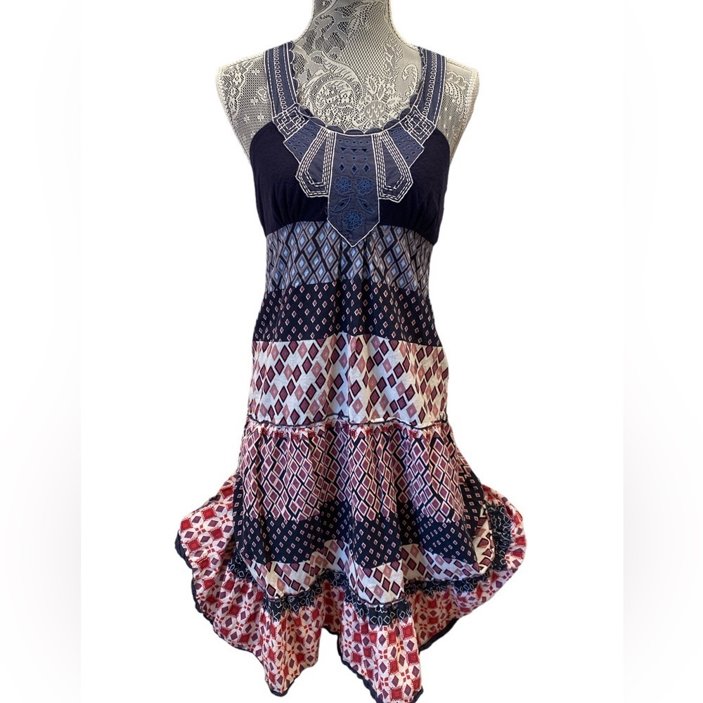 Anthropologie ANDREE BY UNIT Navy, Red and White Patterned Tiered Dress